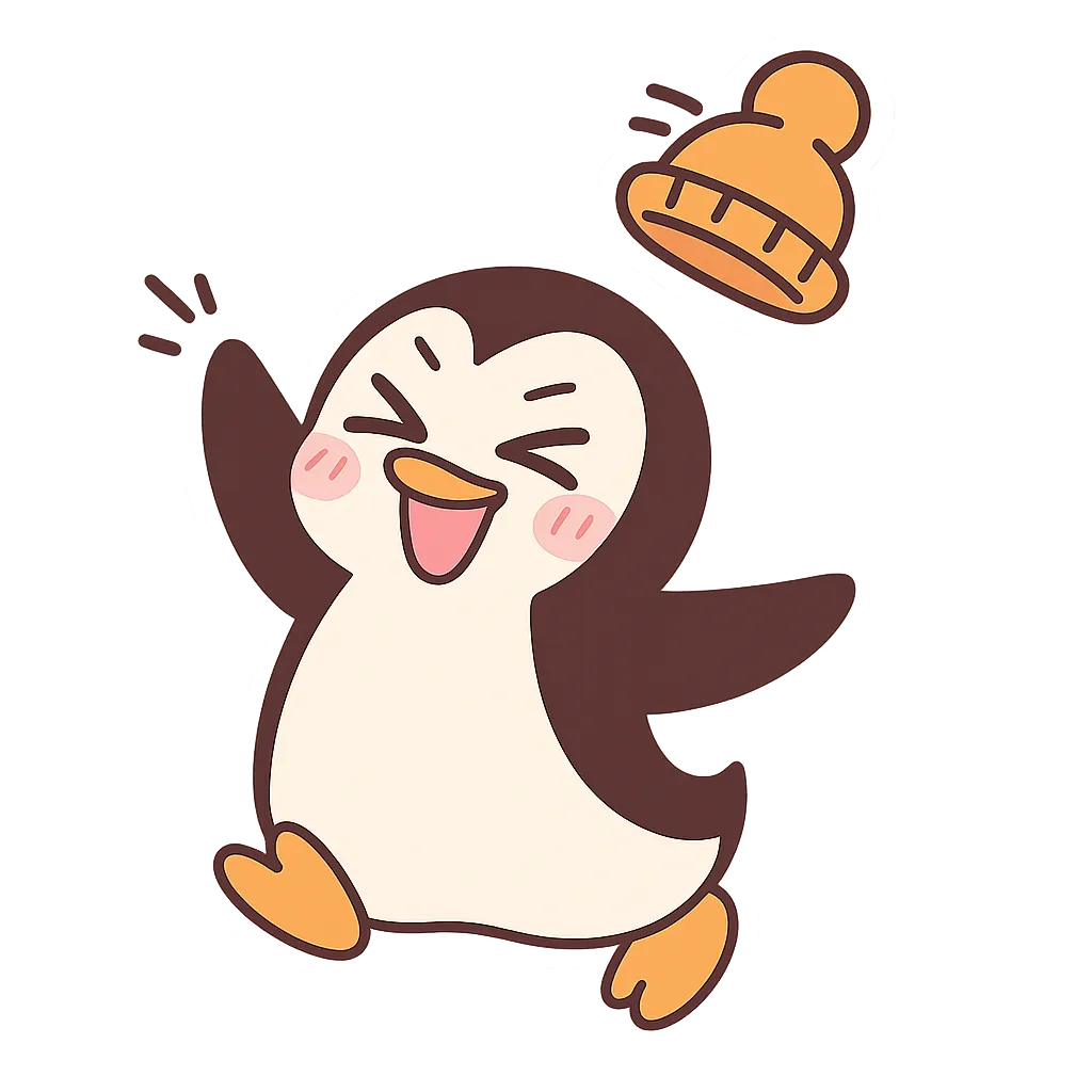 Pingüino feliz con un gorro volando., image size:1024x1024